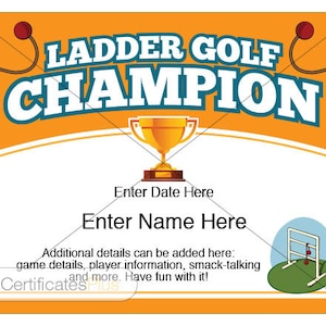 Ladder Golf Certificate, Champion Award, ladder golf, award template, yard games, father&#39;s day gift, backyard games, fun certificates