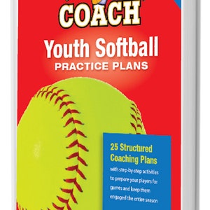 May include: A red book with the title "Well Prepared COACH Youth Softball PRACTICE PLANS" and a yellow softball on the cover. The book has a blue sticker on the bottom right corner that says "25 Structured Coaching Plans with step-by-step activities to prepare your players for games and keep them engaged the entire season" and "JOHN BLISSENBACH".