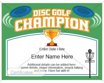 Disc Golf Certificate, Champion Award, Disc Golf award template, disc golf trophy, disc golf disc, yard games, disc golfer, frisbee golf