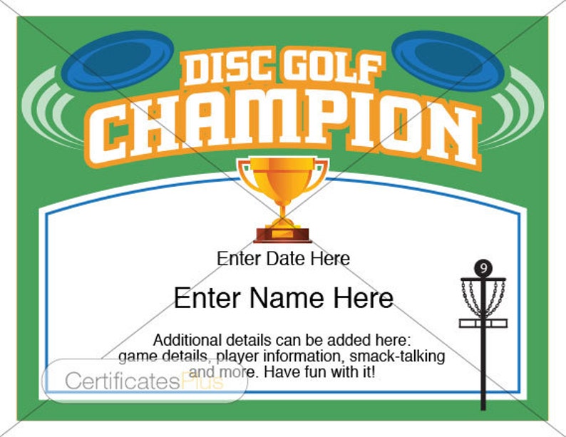 Disc Golf Certificate, Champion Award, Disc Golf Award Template, Disc