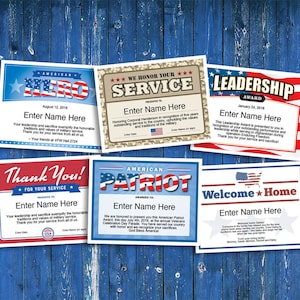 Military Appreciation / Honoring Military Service Certificates 6-Pack, Patriot, American Hero, Leadership
