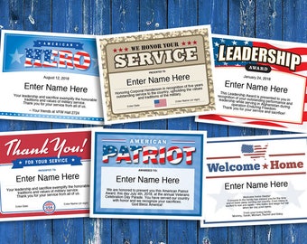 Military Appreciation / Honoring Military Service Certificates 6-Pack, Patriot, American Hero, Leadership