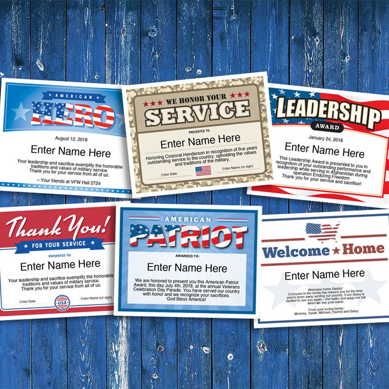 Military Appreciation / Honoring Military Service Certificates 6-Pack, Patriot, American Hero, Leadership image 1