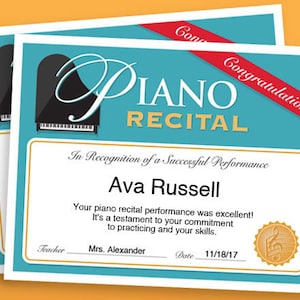 Piano Recital Certificate: Customizable Award Printable (PDF)