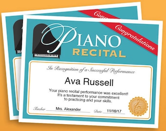 Piano Recital Certificate, Piano Award Printables, child certificate, Piano template certificates