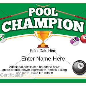 Pool-Zertifikat, Pool-Champion-Award, Vorlage für Pool-Award, Billardtisch, Billardtisch, Billardtisch, Billardtisch, Billardtisch, Pool-Cue, Kellerspiele