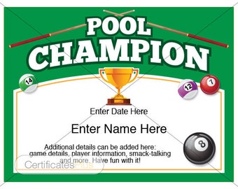 Pool Champion Award Certificate: Printable Template