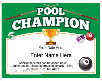 Pool Certificate, Pool Champion Award, pool award template, pool table,rack,pool balls, billiards, billiard table, pool cue, basement games