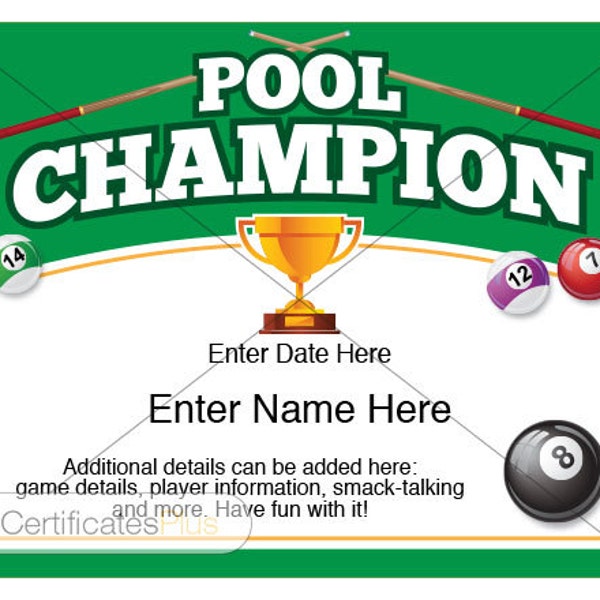 Pool Certificate, Pool Champion Award, pool award template, pool table,rack,pool balls, billiards, billiard table, pool cue, basement games