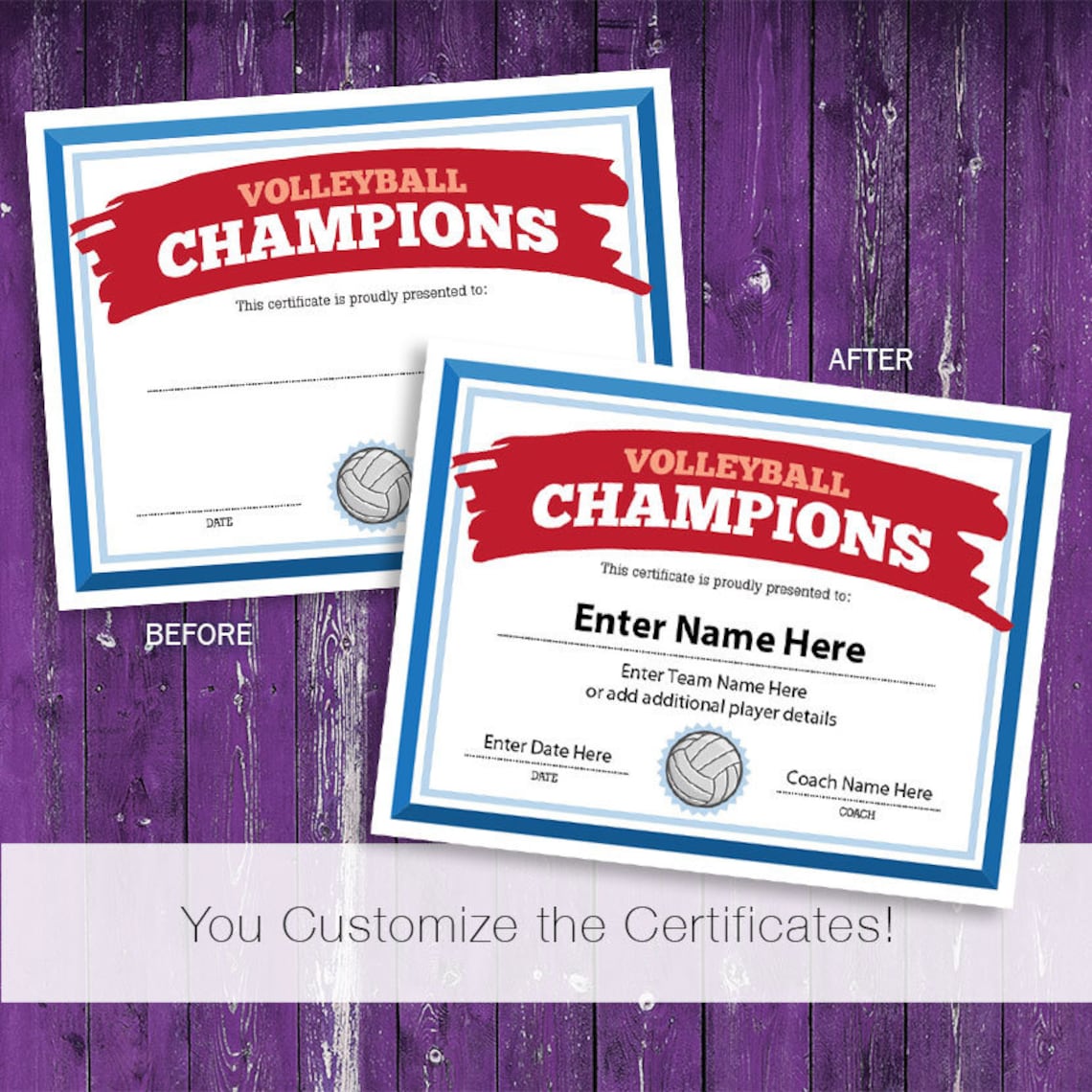 Volleyball Certificate Volleyball Champions Award Template Etsy