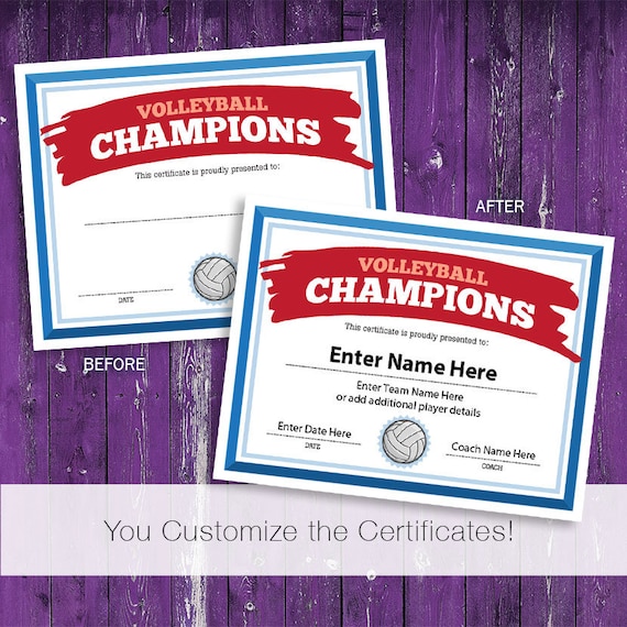 Volleyball Champions Award Certificate: Editable Template (PDF)
