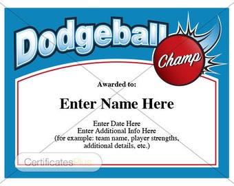 Certificat Dodgeball, certificat enfant, certificat enfant, jeu de plein air, Park and Rec, cadeau de l'enseignant, prix du jeu, ballon chasseur, certificat amusant