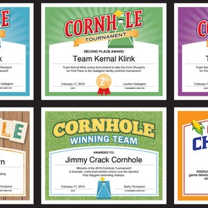 6 Cornhole Customizable Certificates, Download Printables, tournament champion certificate templates image 3