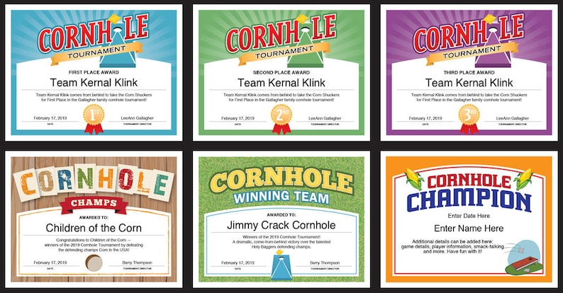 6 Cornhole Customizable Certificates, Download Printables, tournament champion certificate templates image 3