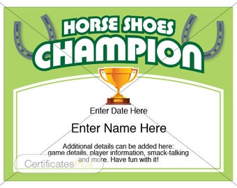 Horse shoes Certificate, Horse Shoes Champion Award, award template, kid certificates, friend's gift, horse shoes set, yard games, match