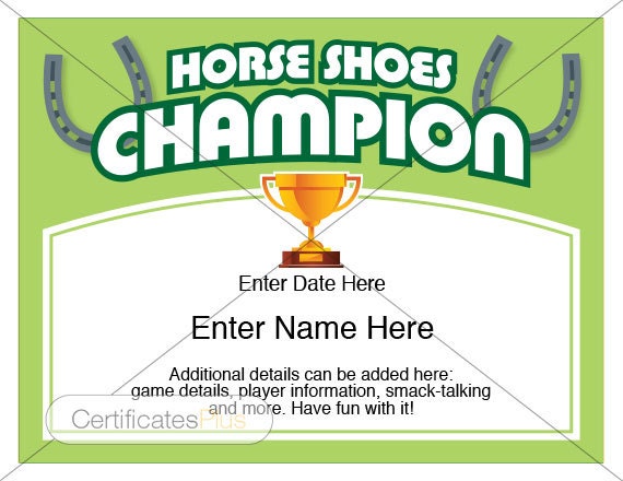 Horse Shoes Champion Award Certificate Template (digital Download