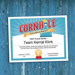 Cornhole Customizable Certificate, Download Printable, Tournament Champion Certificate Template