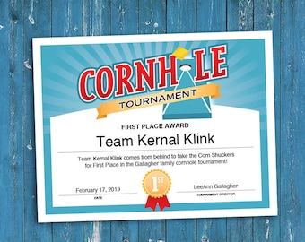 Cornhole Customizable Certificate, Download Printable, Tournament Champion Certificate Template