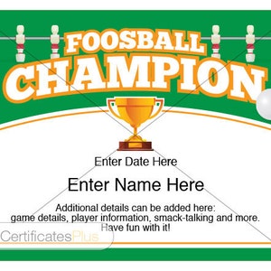 Editable Foosball Certificate, Champion Award, Foosball, award template, basement games, father&#39;s day gift, men&#39;s gifts, gift for son