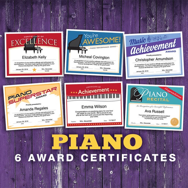 6 Piano Customizable Certificates, Piano Award Download Printables, child certificate, Piano template certificates