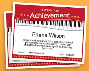 Piano Achievement Certificate, Piano Award Printables, child certificate, Piano template certificates