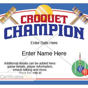 Croquet Champion Award Certificate Template (Digital Download)