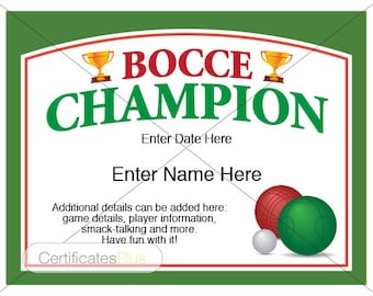 Bocce Certificate, Bocce Champion Award, bocce award template, bocce fan, bocce lover, bocce set, bocce balls, yard games, trophy
