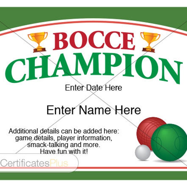 Bocce Certificate, Bocce Champion Award, bocce award template, bocce fan, bocce lover, bocce set, bocce balls, yard games, trophy