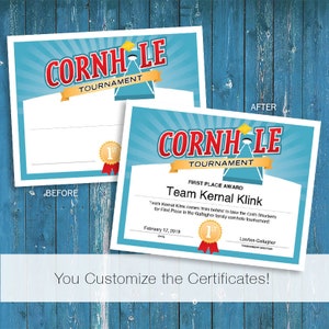 6 Cornhole Customizable Certificates, Download Printables, tournament champion certificate templates image 2