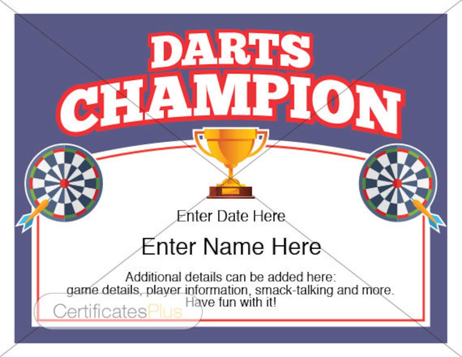Darts Certificate Darts Award Template Darts Dart Board Etsy New Zealand