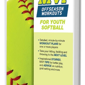 May include: A book titled "MVP Offseason Workouts for Youth Softball" by John Blissenbach. The cover features a yellow softball with red stitching and a white background.