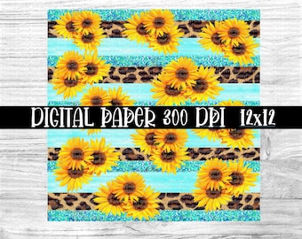 Leopard Sunflower Pattern, Digital Paper, 12 x 12 wallpaper, 300dpi, Instant Download