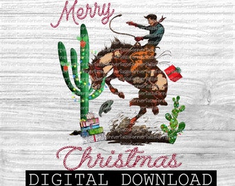 Merry Christmas Cowboy Riding Horse - Holiday Design (Digital Download)