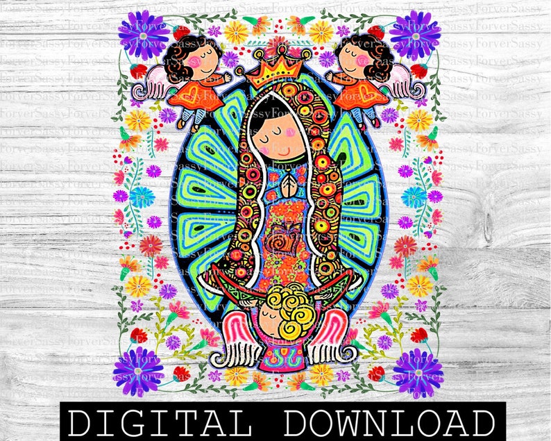 May include: A colorful digital download featuring a religious illustration of a crowned figure with a halo, surrounded by angels and floral elements. The image has a vibrant color palette and the text "DIGITAL DOWNLOAD" at the bottom.