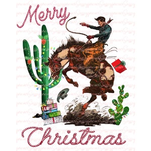 May include: A cowboy riding a bucking horse with a red gift box in the air. The horse is jumping over a green cactus with Christmas lights. The text "Merry Christmas" is written in red rope.