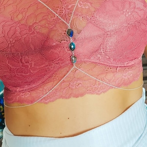 sterling silver body chain jewelry for women, silver chain bra with shimmering labradorite talismans, silver body necklace