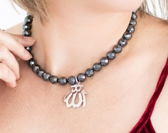 Allah Anhänger aus Sterlingsilber, Hämatit Choker