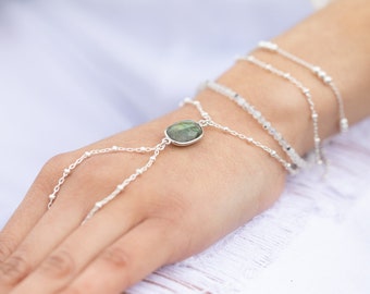 sterling silver hand chain with gemstones, hand chain with stone, labradorite hand chain, silver layered hand chain, labradorite bracelet