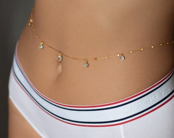 Blue Topaz Belly Chain, 18k Gold Vermeil Belly Chain, Dainty Gold Belly Chain, Bikini Jewelry, Waist Jewelry, Bellychain, Gold Body Chain