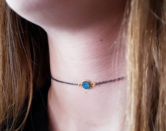 Druzy Quarz Choker, schillernde Sterling Silber Kette