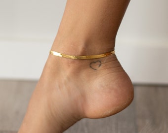 Gold Herringbone Anklet, 18k Gold Plated Steel Chain