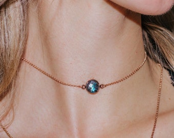 Rose Gold Vermeil Labradorit Halsband, Sterling Silber Edelstein Halskette