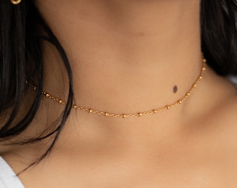 18k Gold Vermeil Satellite Chain Choker, Beaded Necklace