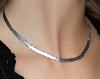 Sterling Silver Herringbone Chain Necklace, 90s Style, Layering Piece