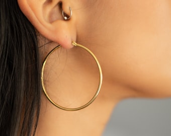Large 18k Gold Plated Hoop Earrings, Hypoallergenic Stainless Steel