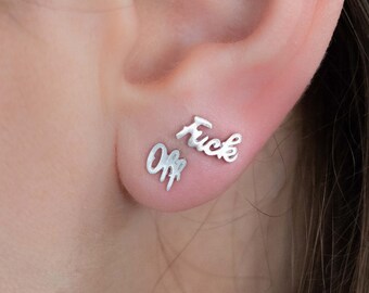 Fuck Off Stud Earrings, Sterling Silver, Gold, Rose Gold