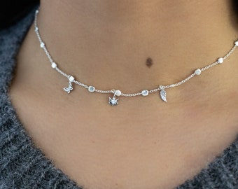 Silver Charm Choker, Silver Charm Necklace, Charm Necklace, Silver Charm Necklace, Silver Necklace With Charms, Charm Necklaces