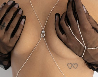 Sterling Silver Body Chain, CZ Clasp, Beach Jewelry