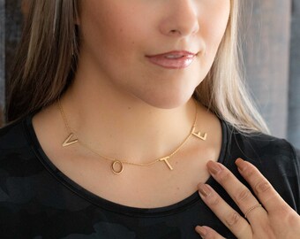 Gold VOTE Necklace, Adjustable Letter Pendant, DNC Jewelry