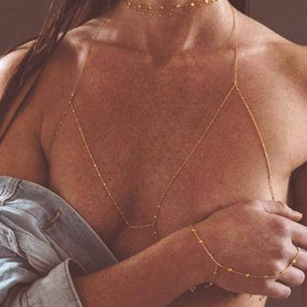 18k gold vermeil or sterling silver body chain, gold body chain, silver body chain, body chain bra, chain bralette, body chain with beads